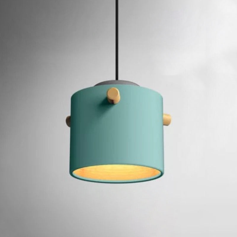 Cylindrical Metal Pendant Lamp Macaron 1 Head Solid Wood Ceiling Hanging Light