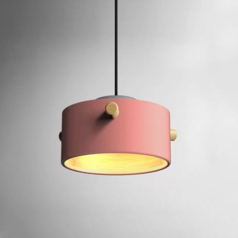 Cylindrical Metal Pendant Lamp Macaron 1 Head Solid Wood Ceiling Hanging Light