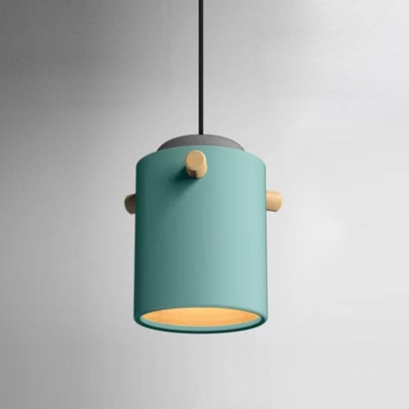 Cylindrical Metal Pendant Lamp Macaron 1 Head Solid Wood Ceiling Hanging Light