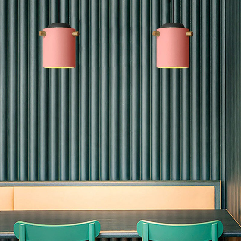 Cylindrical Metal Pendant Lamp Macaron 1 Head Solid Wood Ceiling Hanging Light