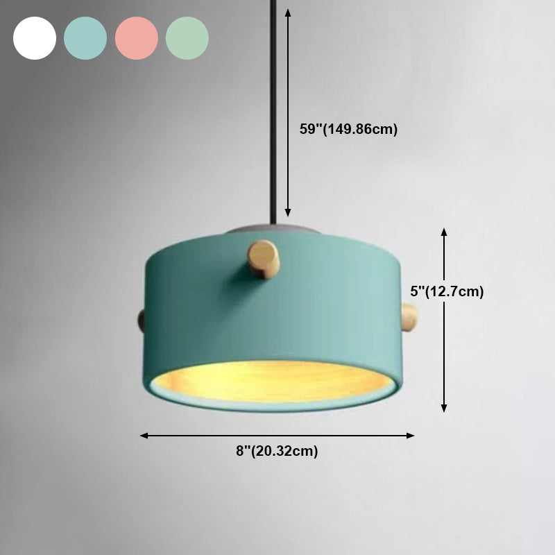 Cylindrical Metal Pendant Lamp Macaron 1 Head Solid Wood Ceiling Hanging Light