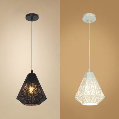 1 Bulb Etched Diamond Pendant Light Industrial Black/White Iron Hanging Ceiling Lamp for Living Room