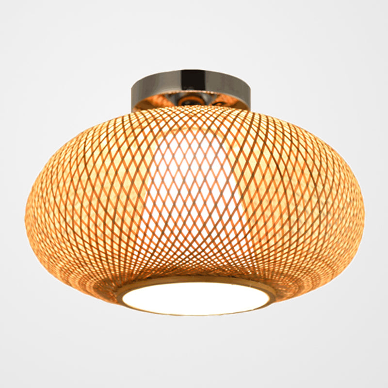Round Ceiling Mount Light Fixture Asia Bamboo Beige Semi Flush Light