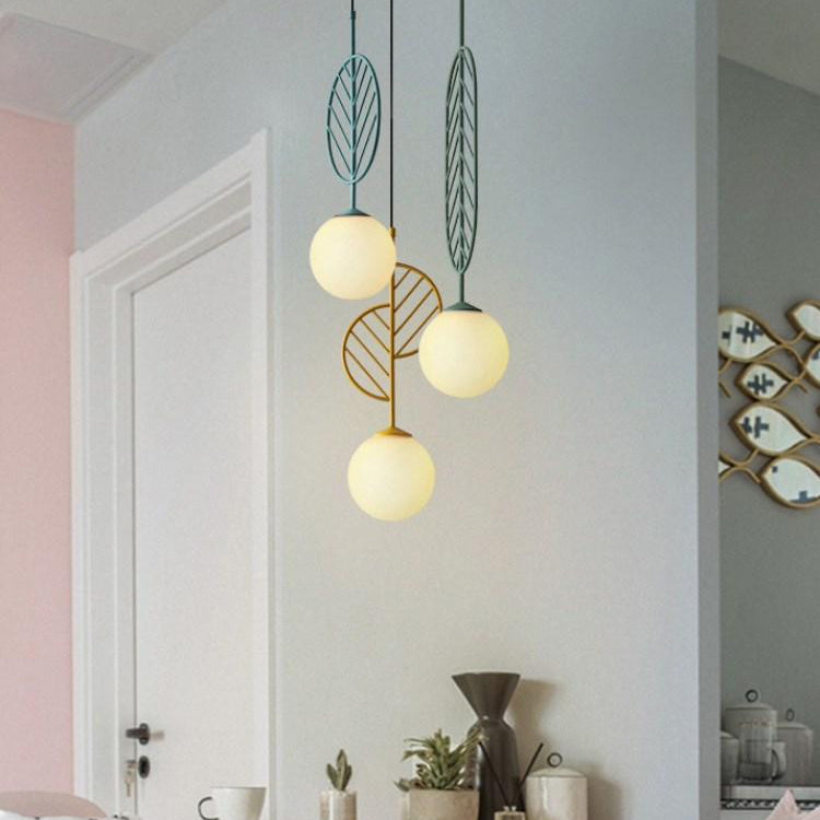Multicolored Leaf Pendant Lighting Macaron 1 Head White Glass Suspension Light for Cafe