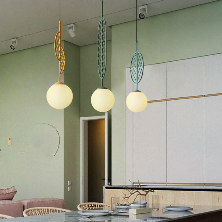 Multicolored Leaf Pendant Lighting Macaron 1 Head White Glass Suspension Light for Cafe