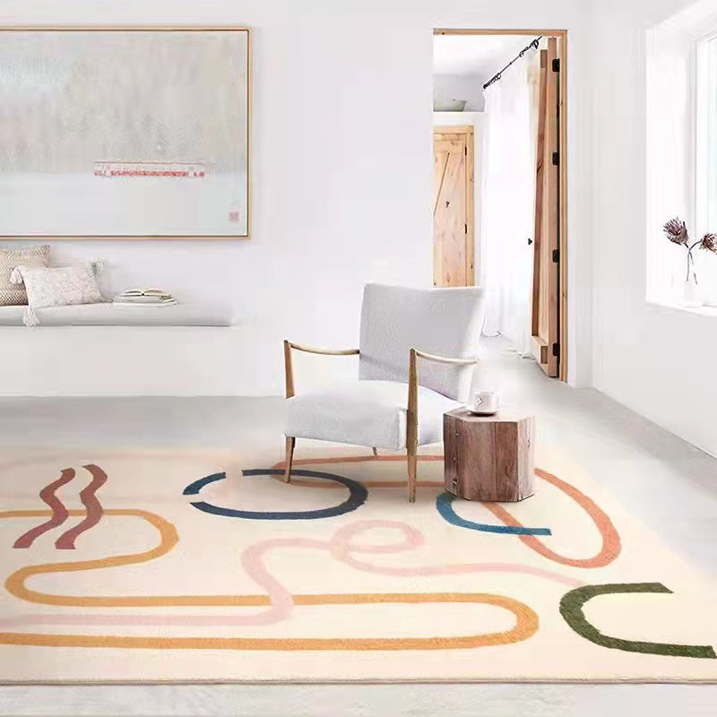Light Yellow Irregular Line Rug Polyester Simple Rug Washable Rug for Living Room