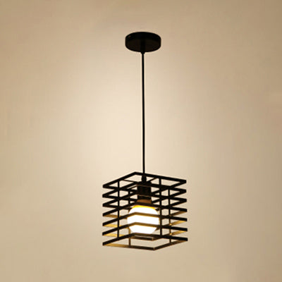 Squared Cage Restaurant Ceiling Pendant Light Retro Style Metal 1 Light Black/White Hanging Lamp