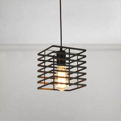 Squared Cage Restaurant Ceiling Pendant Light Retro Style Metal 1 Light Black/White Hanging Lamp