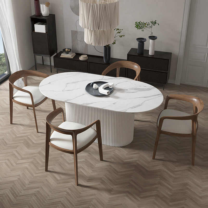 Modern White Top Dining Table Oval Dining Table with Wooden Base