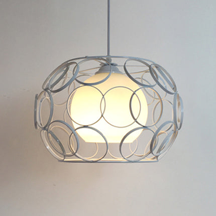 1 Light Metal Pendant Light Vintage Black/White Wire Frame Indoor Hanging Ceiling Light with Opal Glass Globe Shade