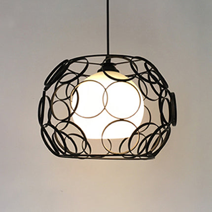 1 Light Metal Pendant Light Vintage Black/White Wire Frame Indoor Hanging Ceiling Light with Opal Glass Globe Shade