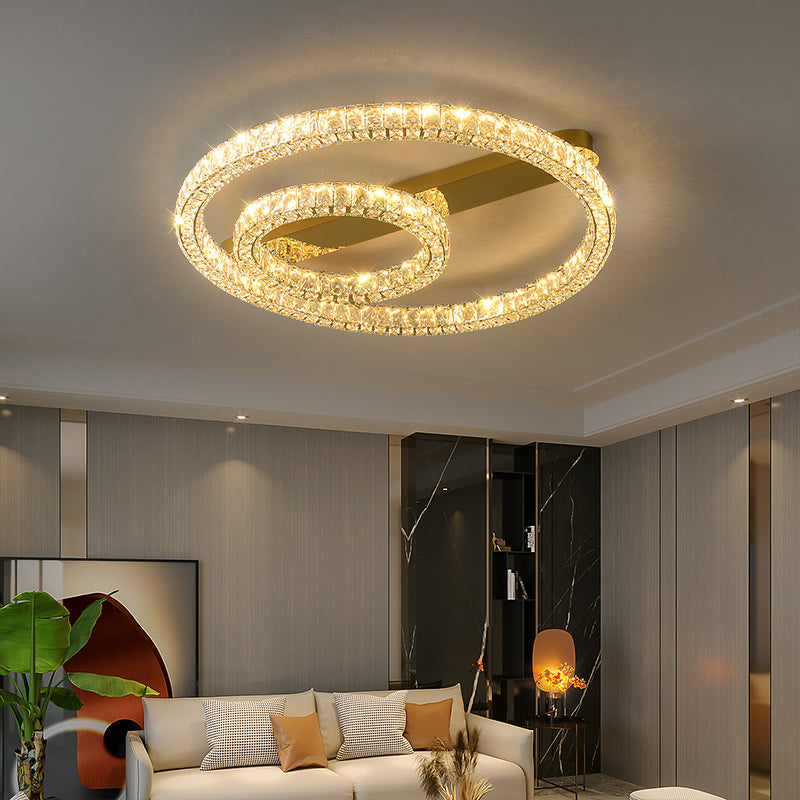Moderne, runde Deckenleuchte aus Kristallglas in Gold für das Wohnzimmer