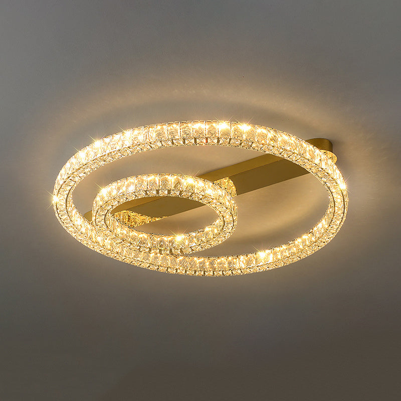 Moderne, runde Deckenleuchte aus Kristallglas in Gold für das Wohnzimmer