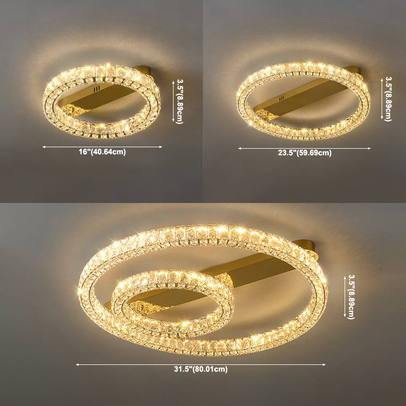 Moderne, runde Deckenleuchte aus Kristallglas in Gold für das Wohnzimmer