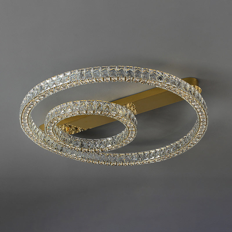 Moderne, runde Deckenleuchte aus Kristallglas in Gold für das Wohnzimmer