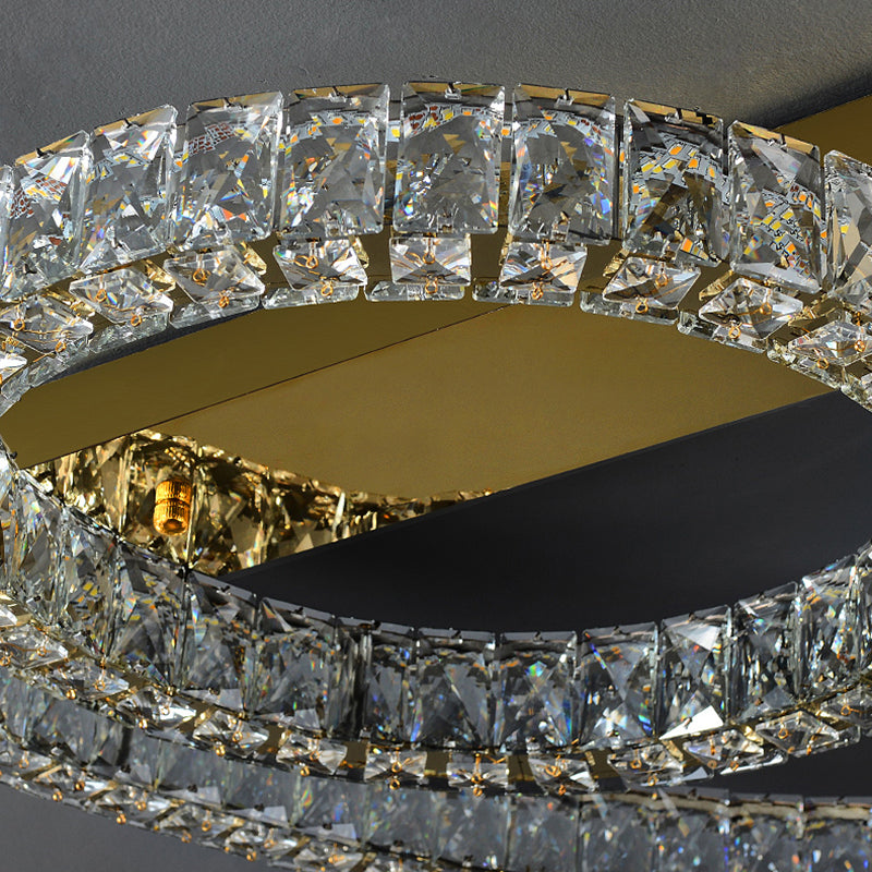 Moderne, runde Deckenleuchte aus Kristallglas in Gold für das Wohnzimmer