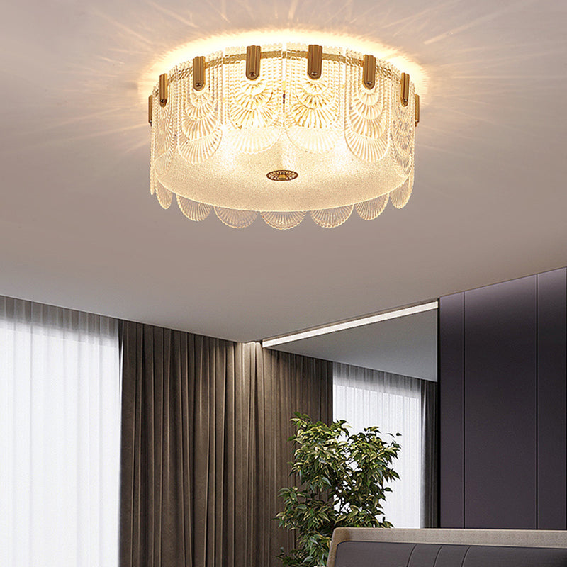Gold Metal Flush Mount Light Armaturen Traditionele Drum Slaapkamer Flush Plafond Lampen met Glas Shade
