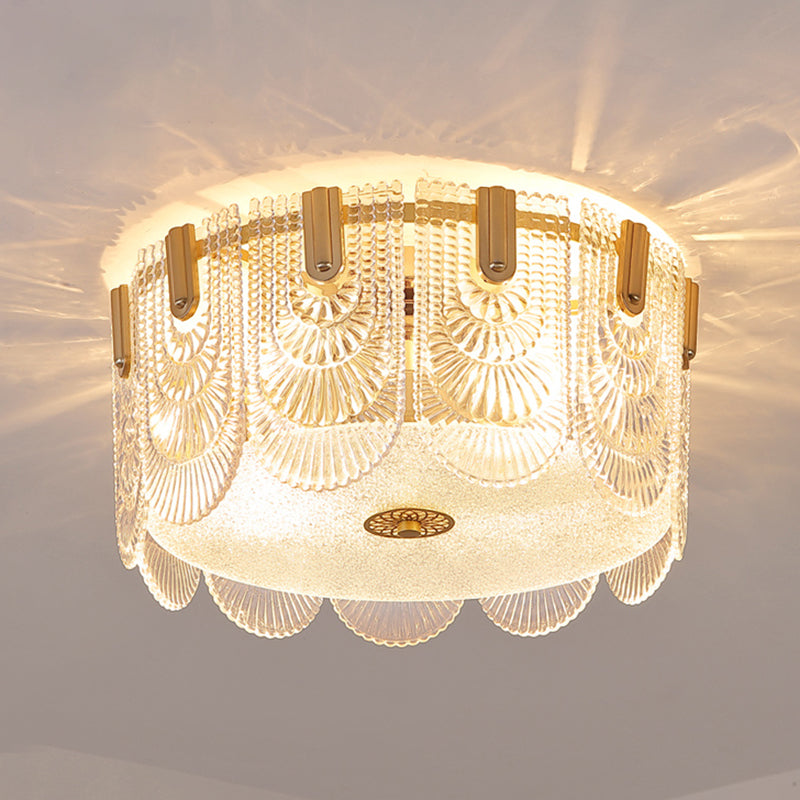 Gold Metal Flush Mount Light Armaturen Traditionele Drum Slaapkamer Flush Plafond Lampen met Glas Shade