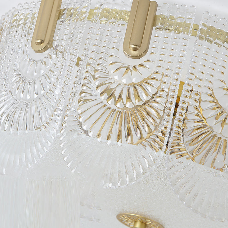 Gold Metal Flush Mount Light Armaturen Traditionele Drum Slaapkamer Flush Plafond Lampen met Glas Shade