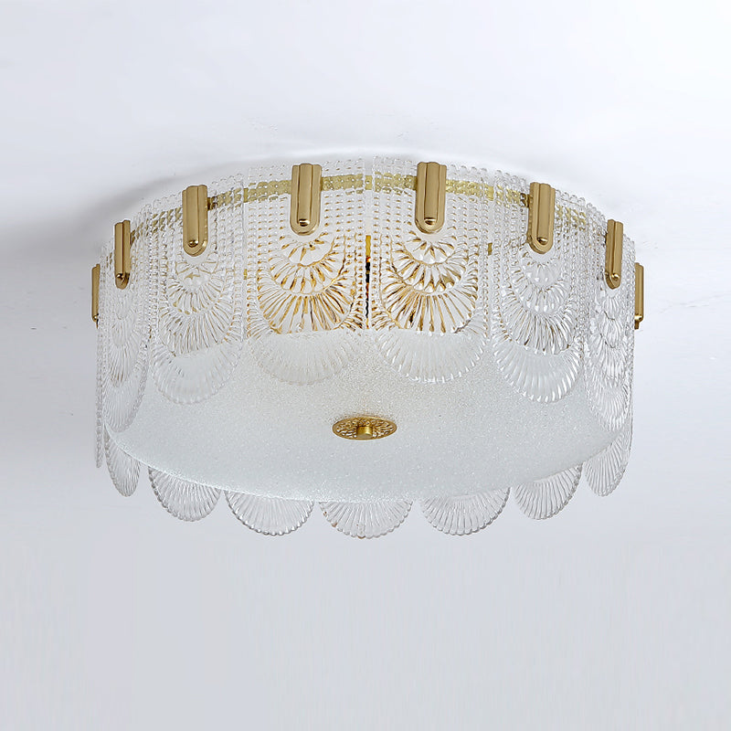 Gold Metal Flush Mount Light Armaturen Traditionele Drum Slaapkamer Flush Plafond Lampen met Glas Shade