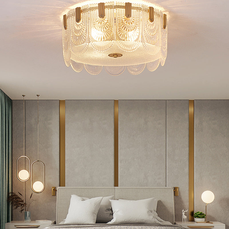 Gold Metal Flush Mount Light Armaturen Traditionele Drum Slaapkamer Flush Plafond Lampen met Glas Shade