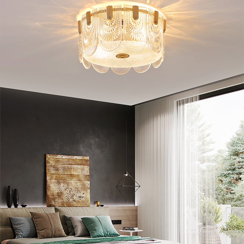 Gold Metal Flush Mount Light Armaturen Traditionele Drum Slaapkamer Flush Plafond Lampen met Glas Shade