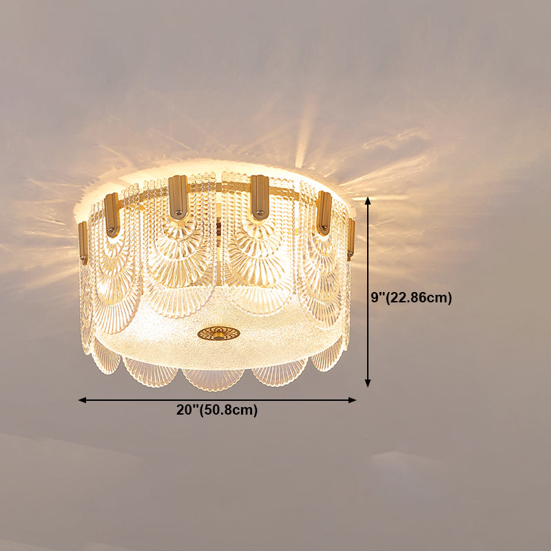 Gold Metal Flush Mount Light Armaturen Traditionele Drum Slaapkamer Flush Plafond Lampen met Glas Shade