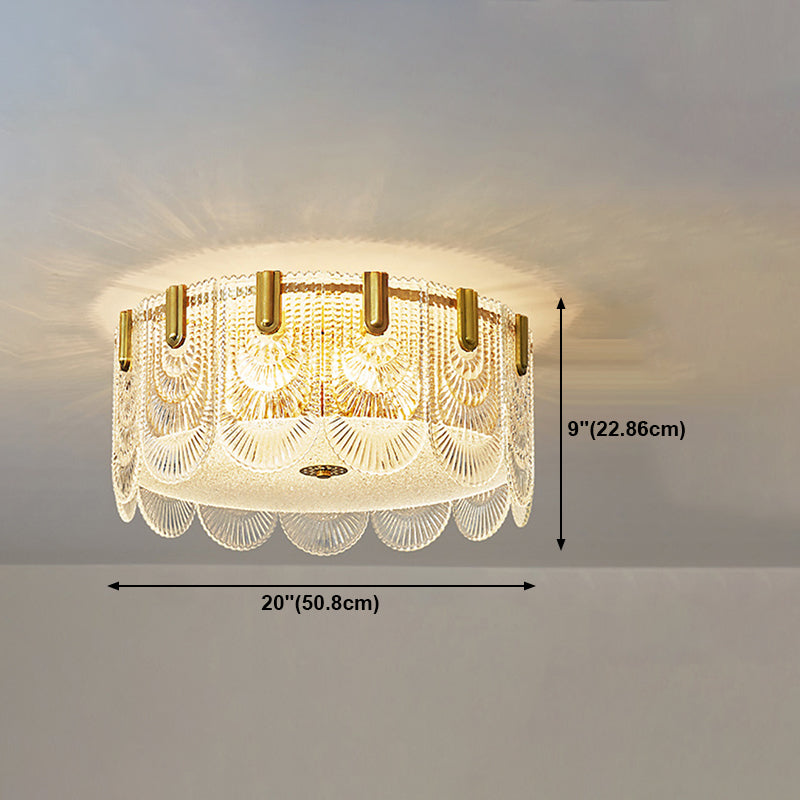 Gold Metal Flush Mount Light Armaturen Traditionele Drum Slaapkamer Flush Plafond Lampen met Glas Shade
