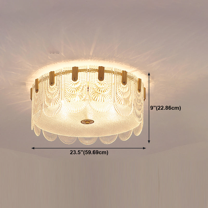 Gold Metal Flush Mount Light Armaturen Traditionele Drum Slaapkamer Flush Plafond Lampen met Glas Shade