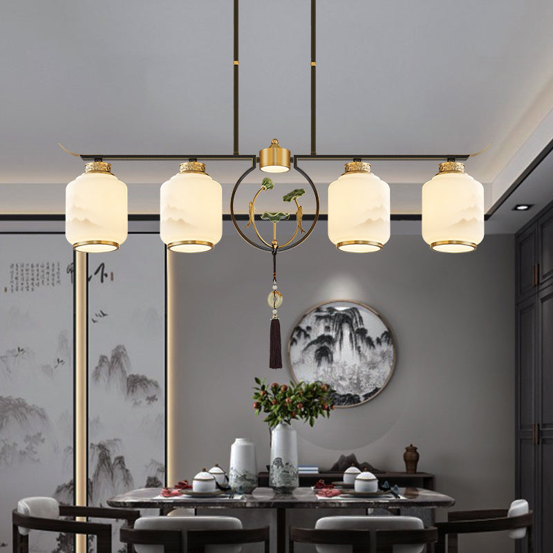 Cilindro de iluminación de la isla de cocina contemporánea Luces de isla colgantes con sombra de vidrio blanco