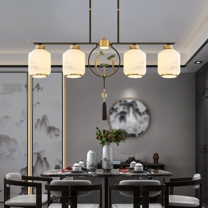 Cilindro de iluminación de la isla de cocina contemporánea Luces de isla colgantes con sombra de vidrio blanco