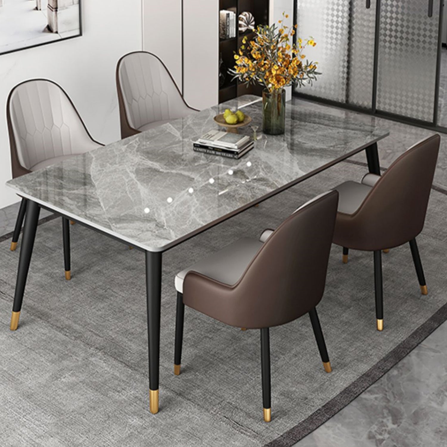 Nordic Style 1/4/5/7 Rectangle Dining Room Set with Leather Chairs