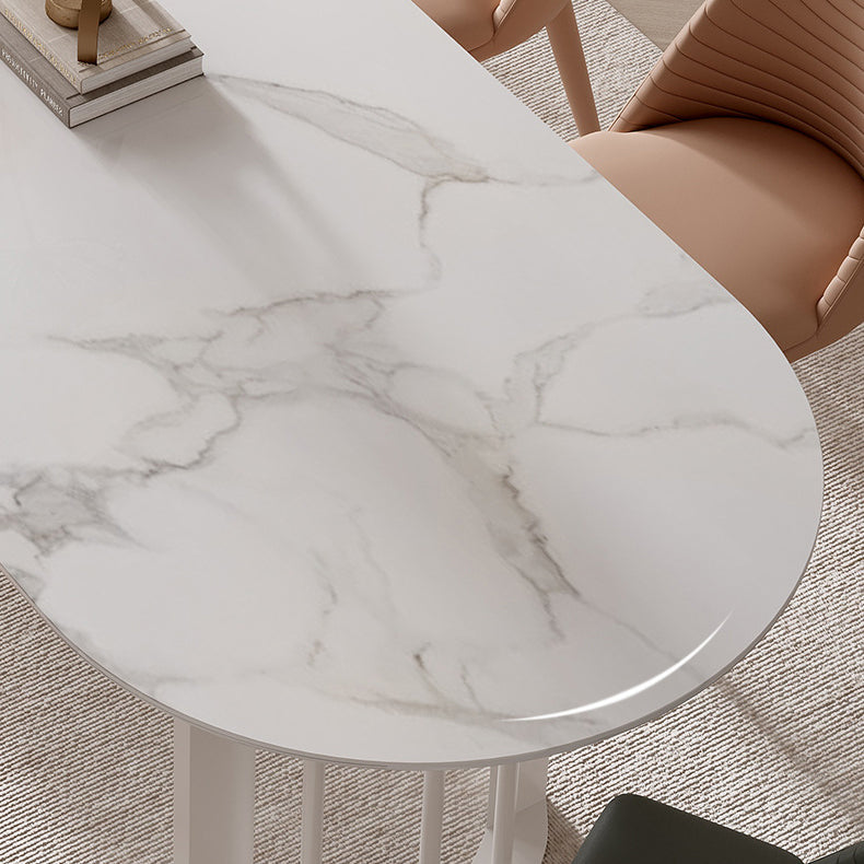 Mesa de piedra de mesa ovalada moderna con base de doble pedestal