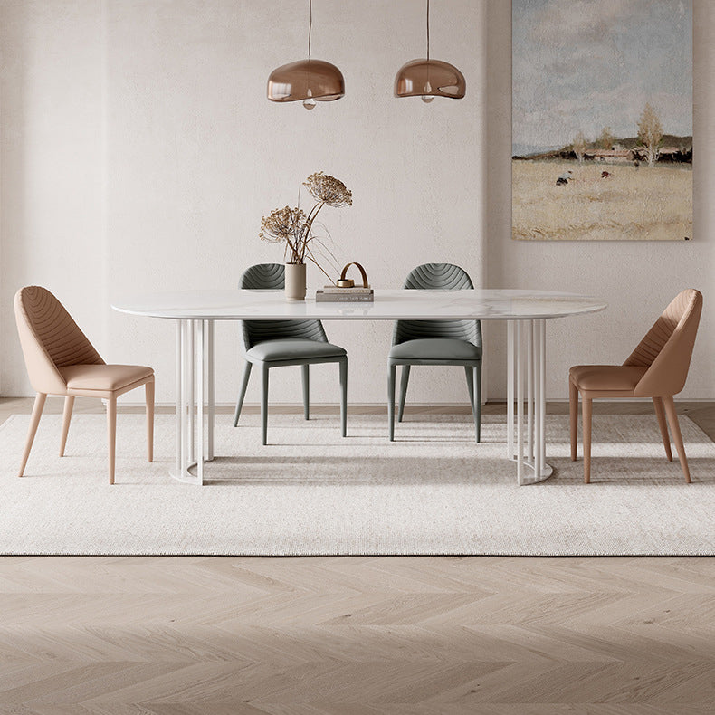 Mesa de piedra de mesa ovalada moderna con base de doble pedestal