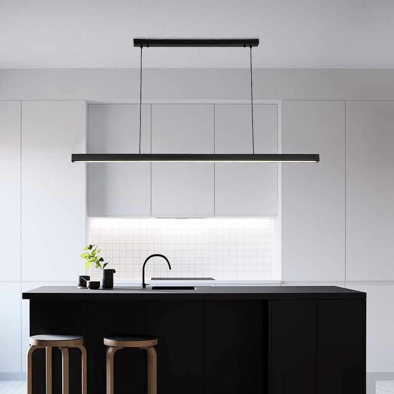 Modern Metal Island Light Strip Colgante de isla LED negra para comedor