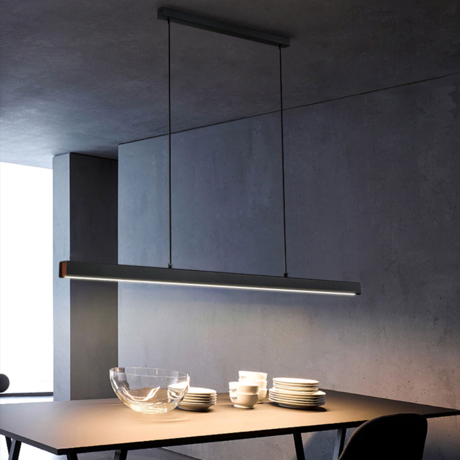 Modern Metal Island Light Strip Colgante de isla LED negra para comedor
