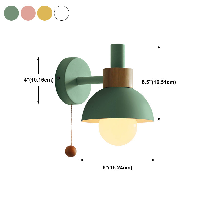Nordic Metal Wall Light Dome 6" Wide Macaron Wall Sconce with Wood for Living Room