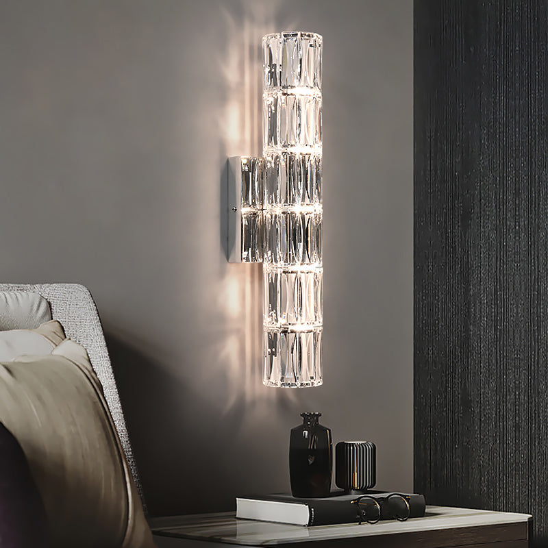 Postmodern Crystal Wall Light Cylinder Multi Light Wall Sconce in Chrome for Bedroom