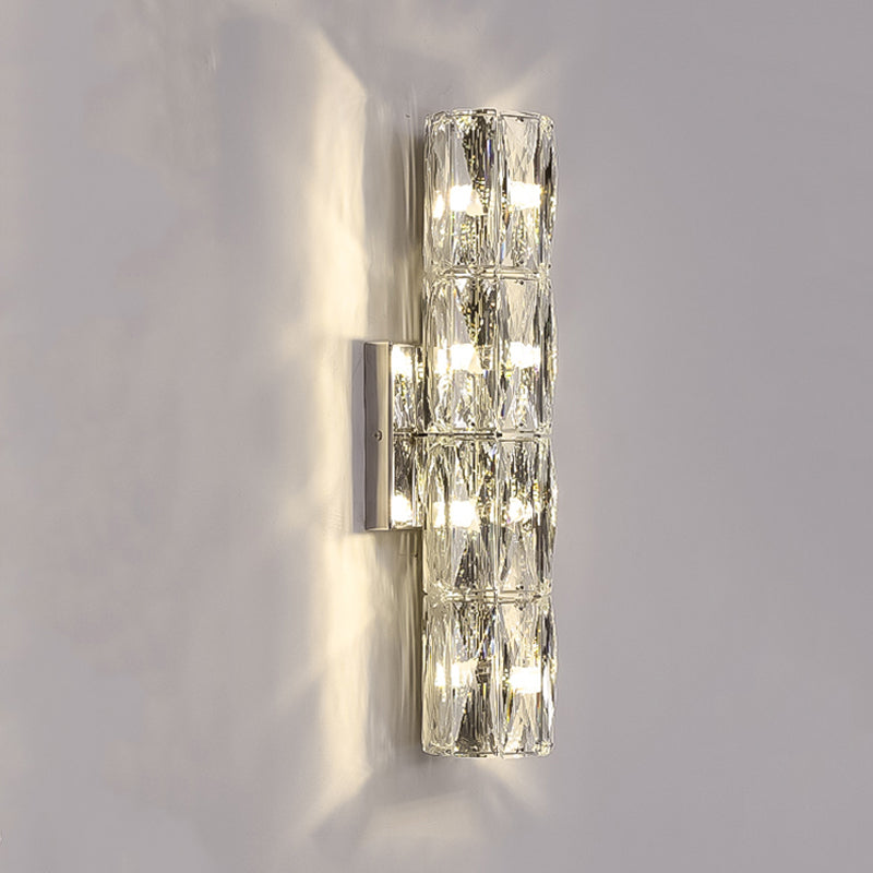 Postmodern Crystal Wall Light Cylinder Multi Light Wall Sconce in Chrome for Bedroom