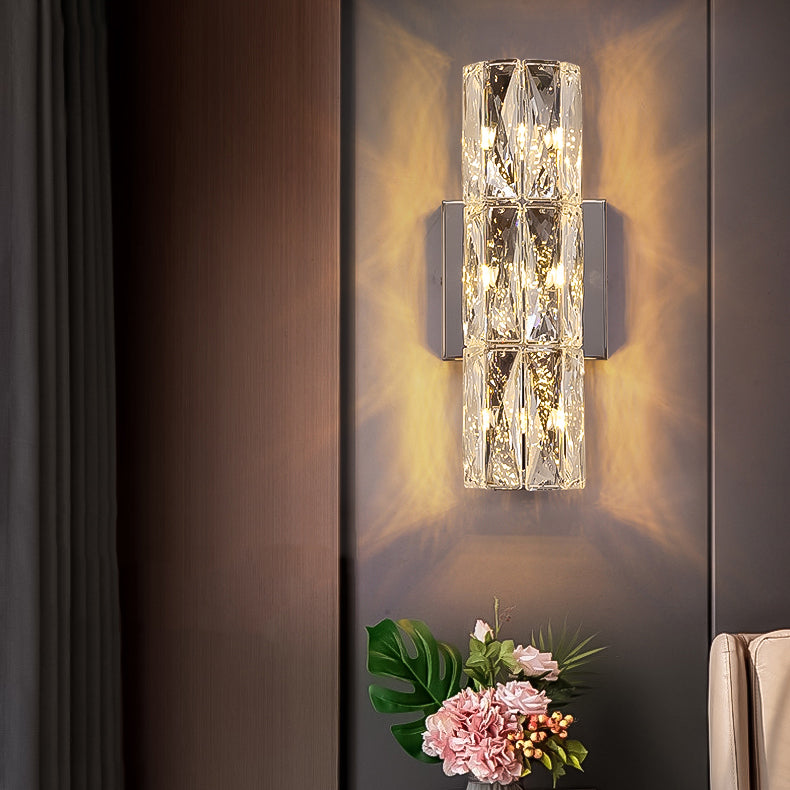 Postmodern Crystal Wall Light Cylinder Multi Light Wall Sconce in Chrome for Bedroom