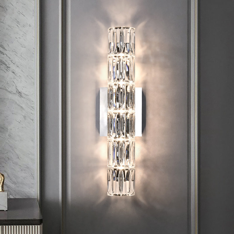 Postmodern Crystal Wall Light Cylinder Multi Light Wall Sconce in Chrome for Bedroom