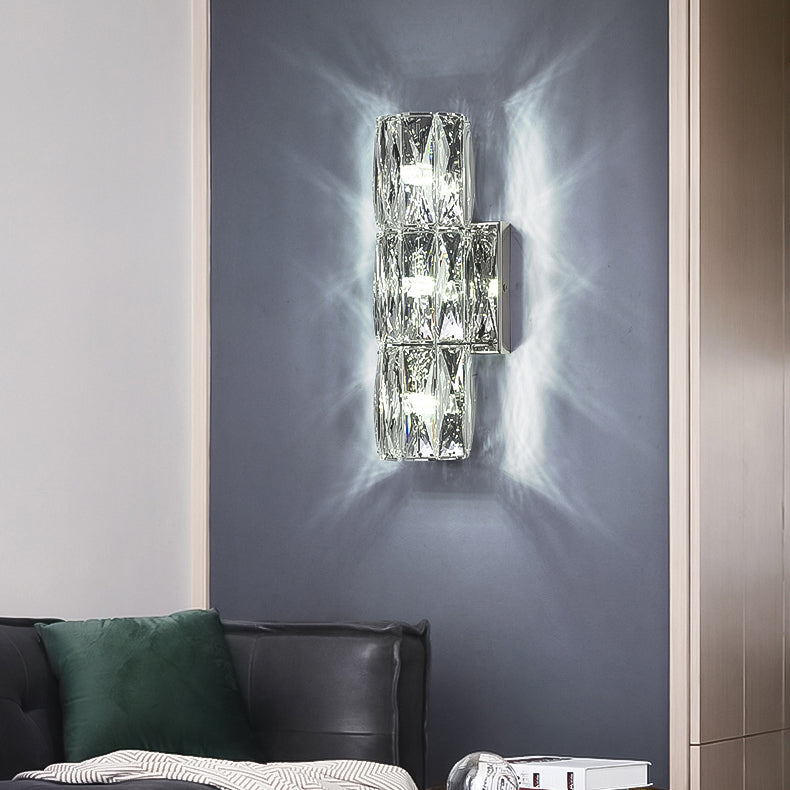 Postmodern Crystal Wall Light Cylinder Multi Light Wall Sconce in Chrome for Bedroom