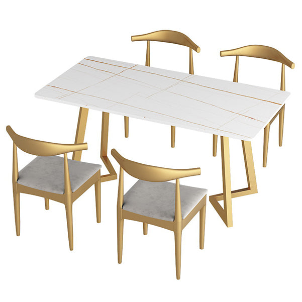 Mesa de comedor rectangular estilo Glam, mesa con pedestal doble con piedra sinterizada
