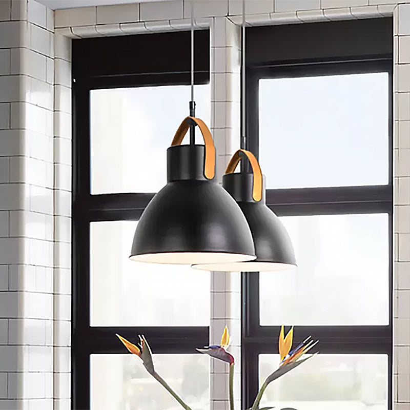 1 Head Hanging Light Industrial Domed Metallic Pendant Lamp with Glass Diffuser and Leather Strap in Black