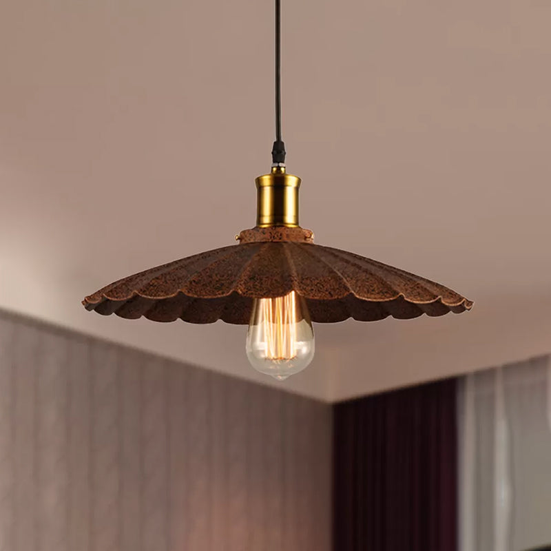 Rust Finish Scalloped Pendant Light Lodge Style Iron 1 Light Kitchen Hanging Lamp, 10"/12" Diameter