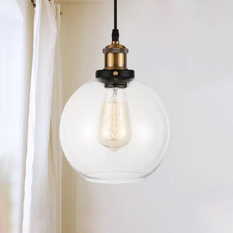 Clear Glass Globe Hanging Pendant Light with Adjustable Cord Industrial Suspension Lamp in Brass