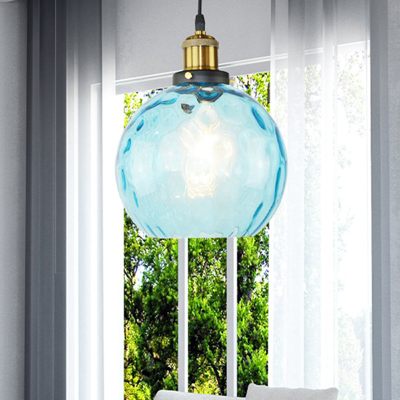 Blue Globe Pendant Lighting Fixture Industrial Dimpled Glass 1 Light Living Room Hanging Ceiling Light
