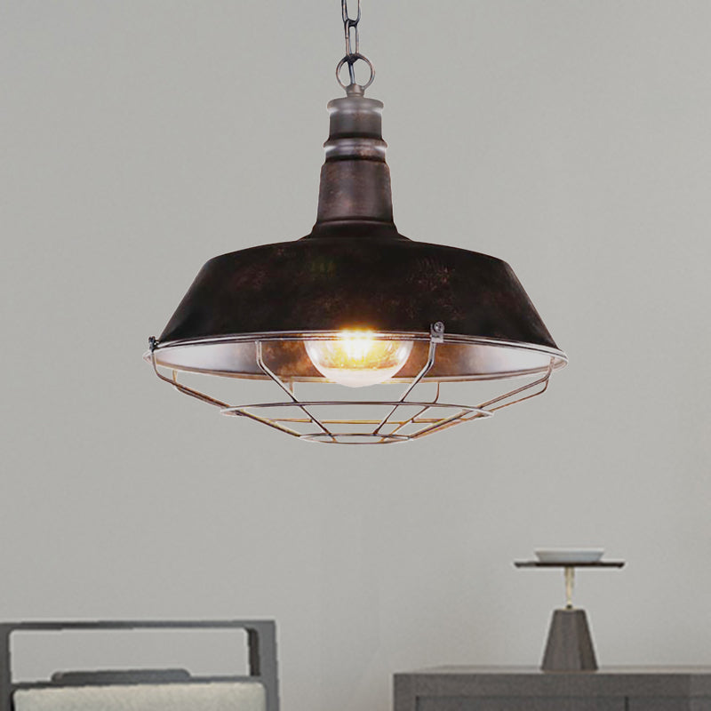 Retro Stylish Wire Guard Pendant Light with Barn Shade 10"/14"/18" Wide 1 Light Metal Hanging Fixture in Black/Bronze/Rust for Kitchen