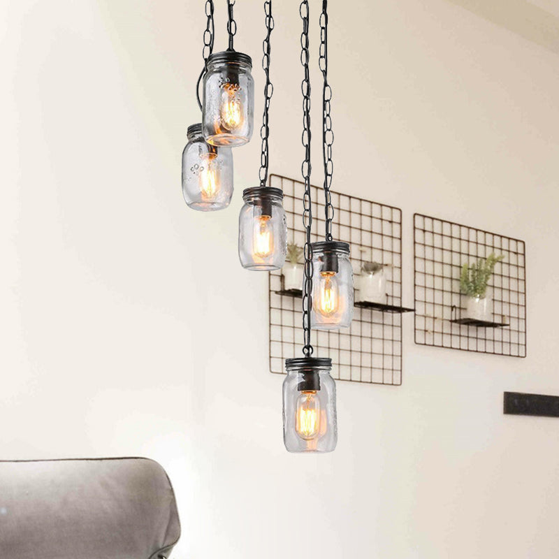 Black 5-Light Cluster Pendant Modern Clear Glass Jar Shade Hanging Light Fixture with Cord/Chain and Round Canopy