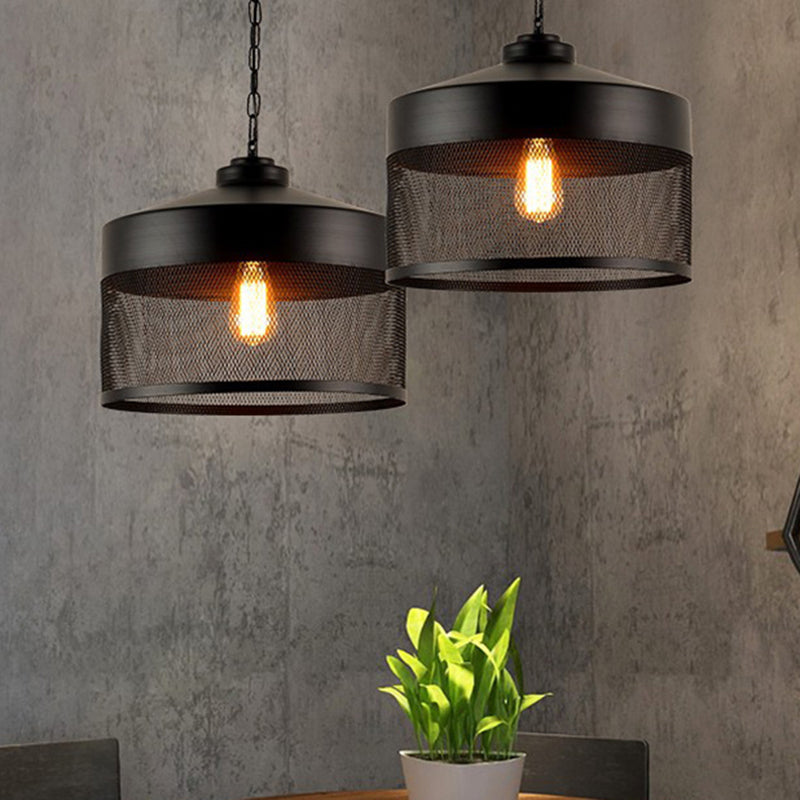 1 Head Metal Hanging Light Industrial Style Black Mesh Drum Shade Restaurant Pendant Light Fixture